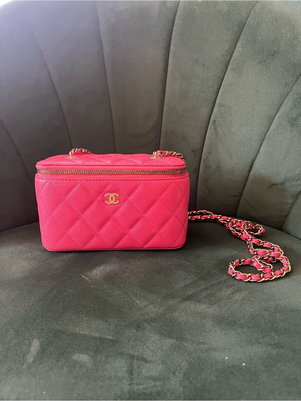CHANEL Coral Pink Quilted Vanity Crossbody with Gold-Tone Chain